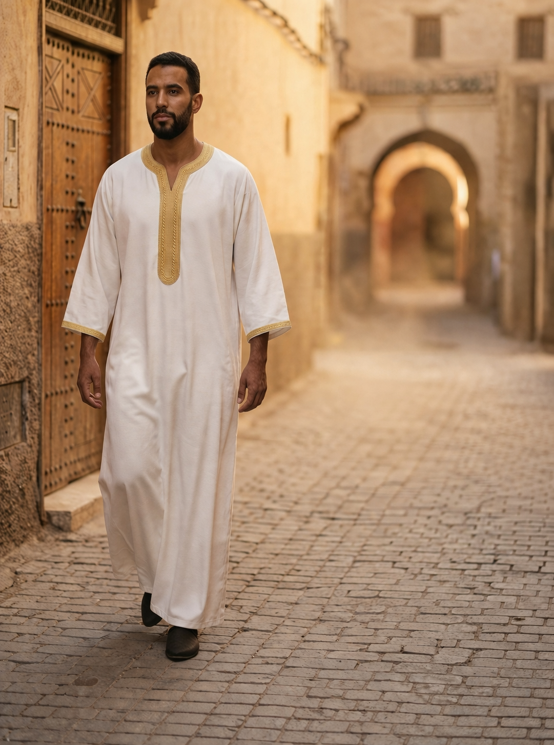 Imarah Classic Moroccan Thobe – White & Gold