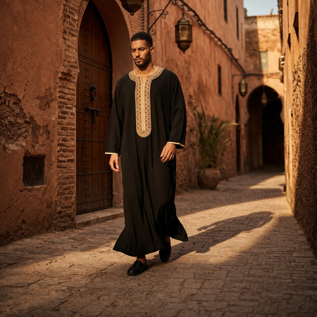 Imarah Classic Moroccan Thobe – Black & Gold