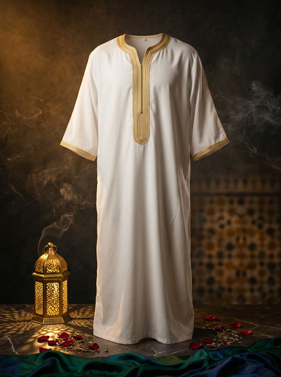 Imarah Classic Moroccan Thobe – White & Gold