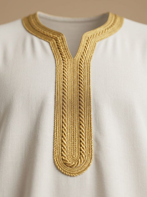 Imarah Classic Moroccan Thobe – White & Gold
