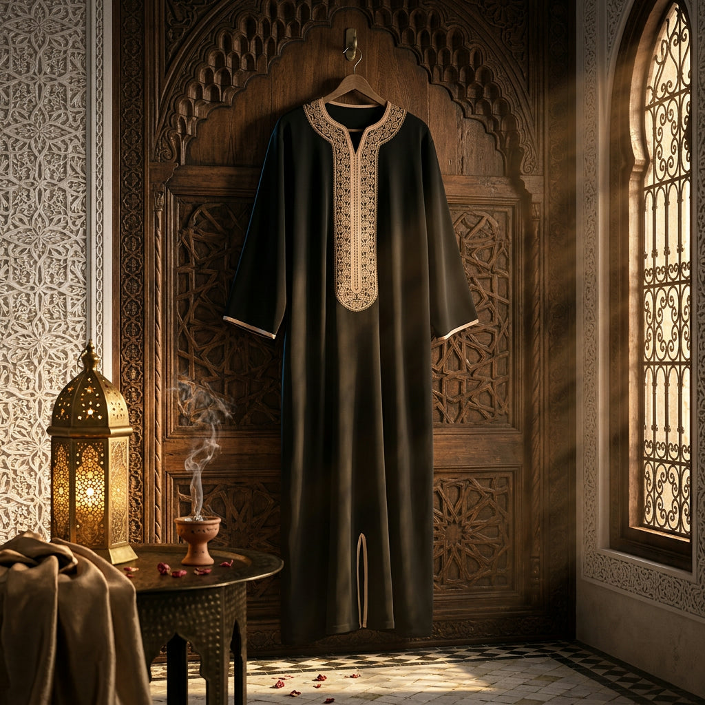 Imarah Classic Moroccan Thobe – Black & Gold