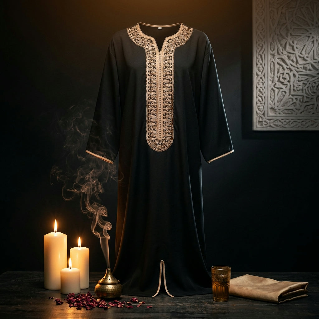 Imarah Classic Moroccan Thobe – Black & Gold