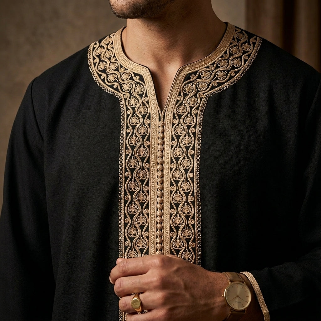 Imarah Classic Moroccan Thobe – Black & Gold