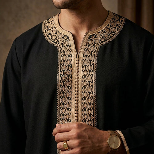 Imarah Classic Moroccan Thobe – Black & Gold
